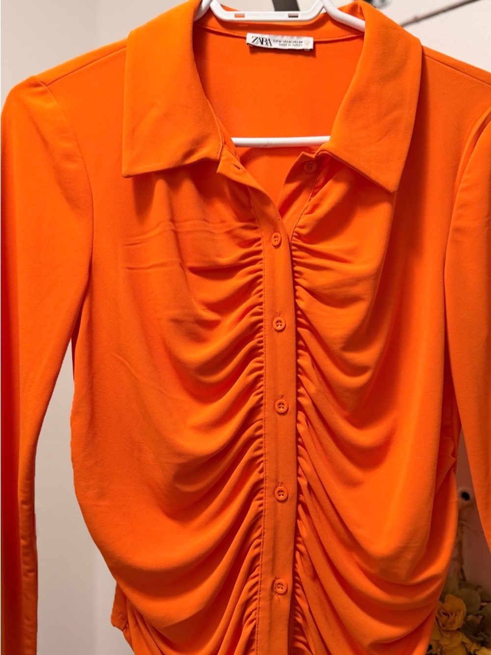 Zara Orange Ruched Button-Up Blouse